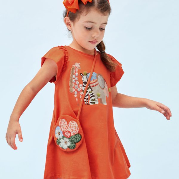 Φόρεμα σταμπωτό από βιώσιμο βαμβάκι σε ροδακινί χρώμα mini κορίτσι Mayoral Mayoral offers
