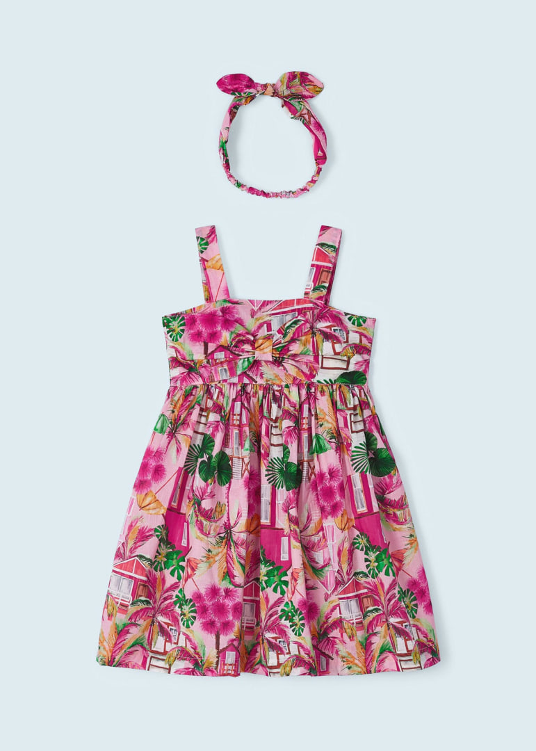 Φόρεμα σταμπωτό με κορδέλα για τα μαλλιά από βαμβάκι σε φούξια χρώμα mini κορίτσι Mayoral Mayoral offers