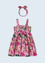 Φόρεμα σταμπωτό με κορδέλα για τα μαλλιά από βαμβάκι σε φούξια χρώμα mini κορίτσι Mayoral Mayoral offers