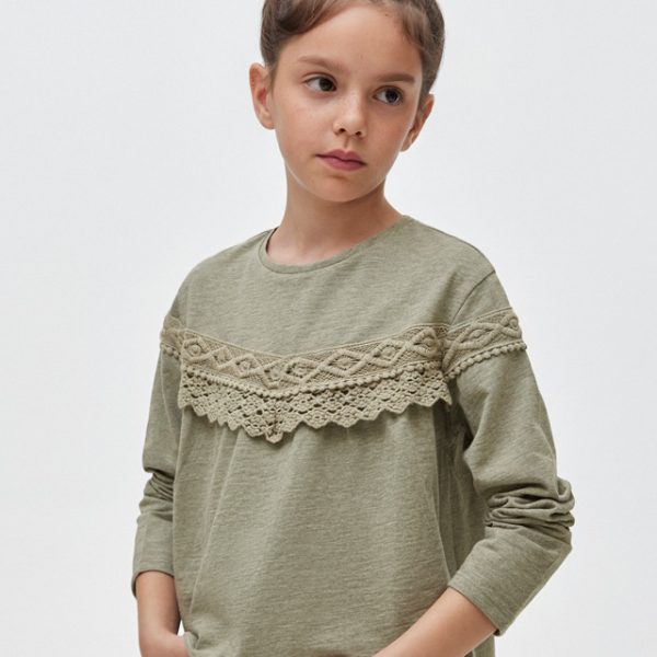 Μπλούζα με λωρίδα κέντημα από βαμβάκι BCI σε λαδί χρώμα junior κορίτσι Mayoral Junior (8-16Y)